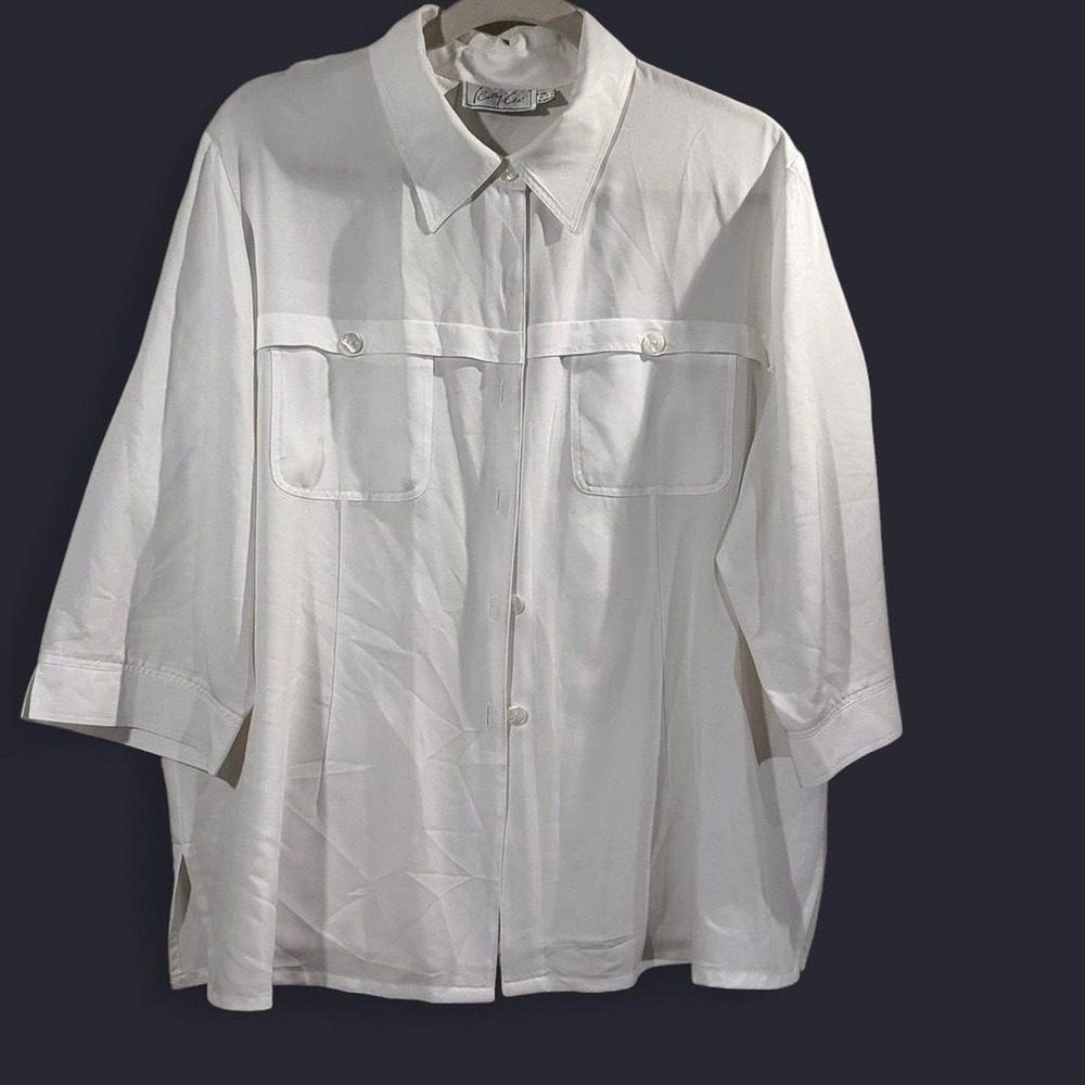 Kathy Che Womens White Button Down Blouse 3/4 Sleeve Utility Pocket Shirt 16